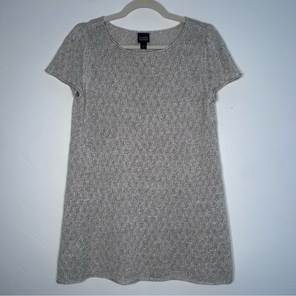 Eileen Fisher Tan and White Open Knit Tunic Top 100% Linen Size Small Neutral - Picture 1 of 11